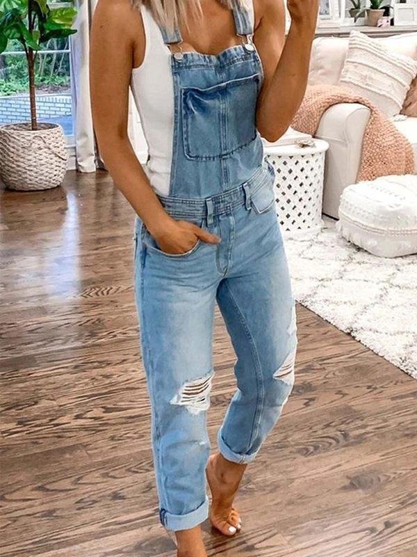Women’s Distressed Denim Overalls | Adjustable Shoulder Straps & Ripped Design | Breathable Polyester | Casual Comfort