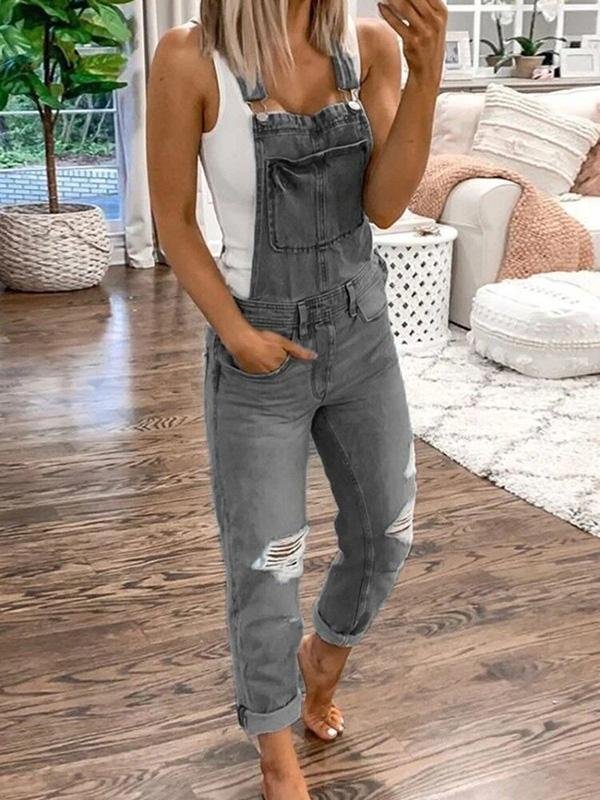 Women’s Distressed Denim Overalls | Adjustable Shoulder Straps & Ripped Design | Breathable Polyester | Casual Comfort