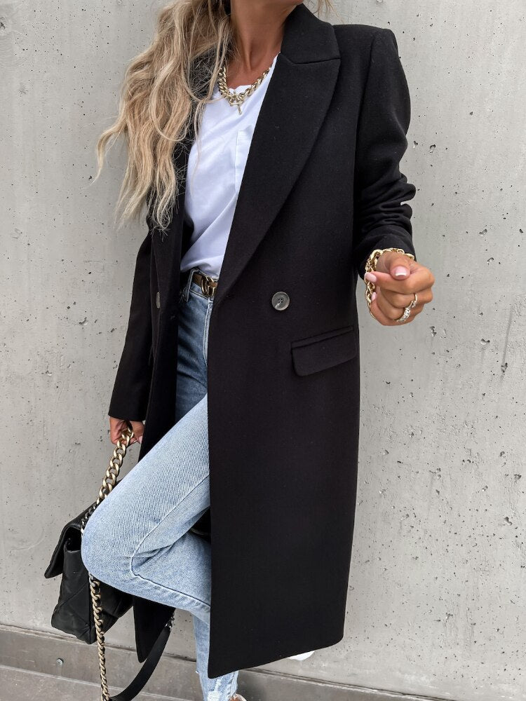 Women’s Long Double-Breasted Overcoat | Warm Polyester Fabric | Classic Lapels & Flap Pockets | Below Knee Length