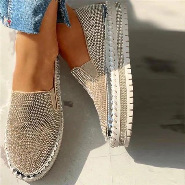 Women’s Platform Slip-On Loafers | Glitter Sparkling Flat Platform Sole | Padded Insole & Breathable | Comfortable Fit