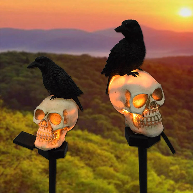 Solar-Powered Halloween Garden Skull and Crow Lights Outdoor Decor