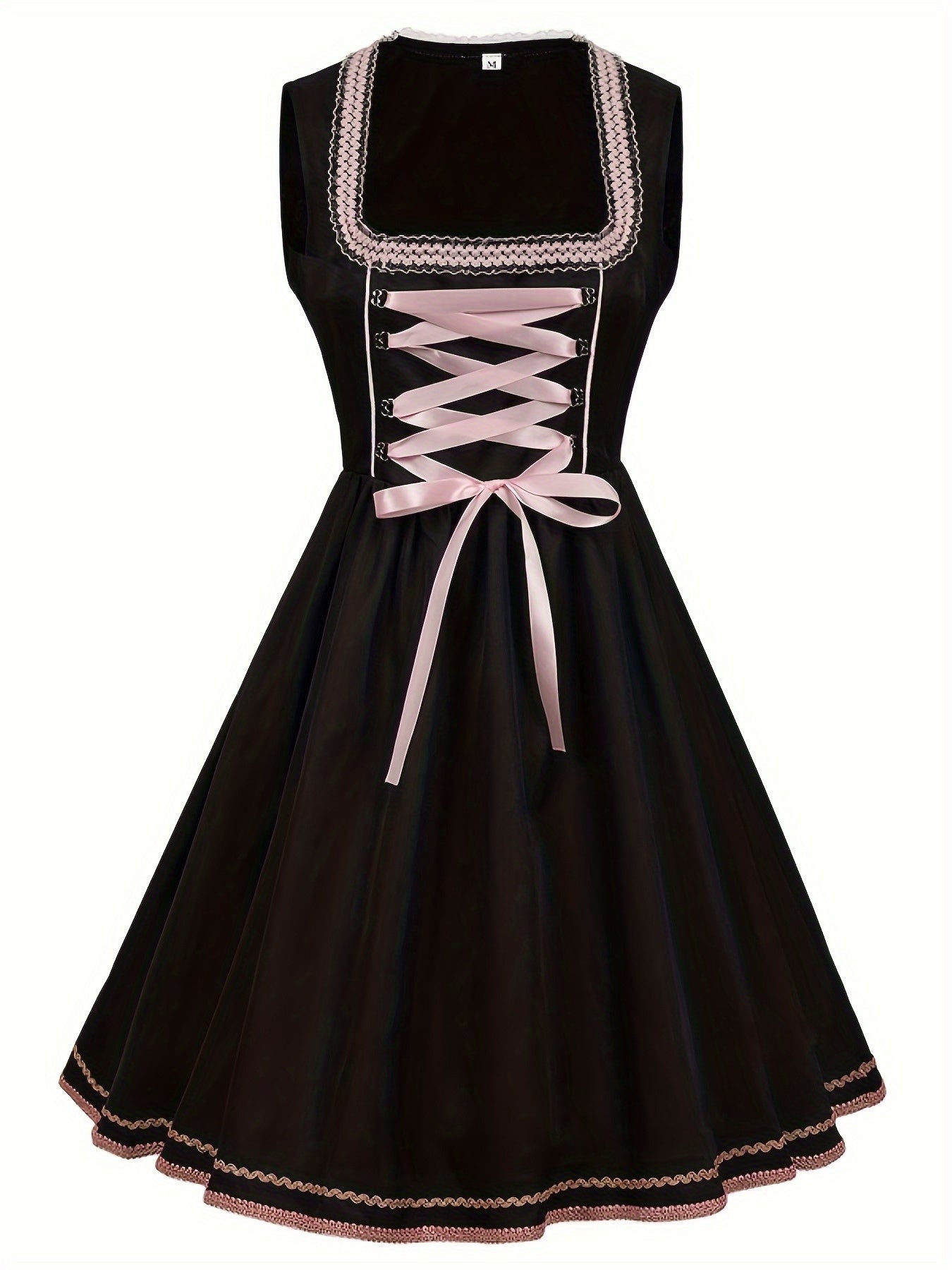 Embroidered Black and Pink Dirndl Dress with Floral Lace for Oktoberfest
