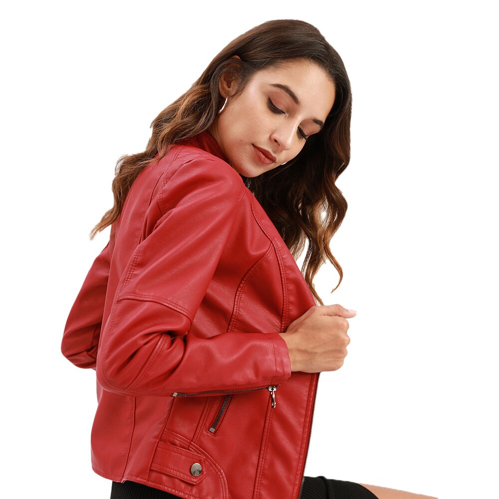 Women’s Leather Jacket | Mao Collar Design | PU Leather & Polyester Lining | Comfortable Fit
