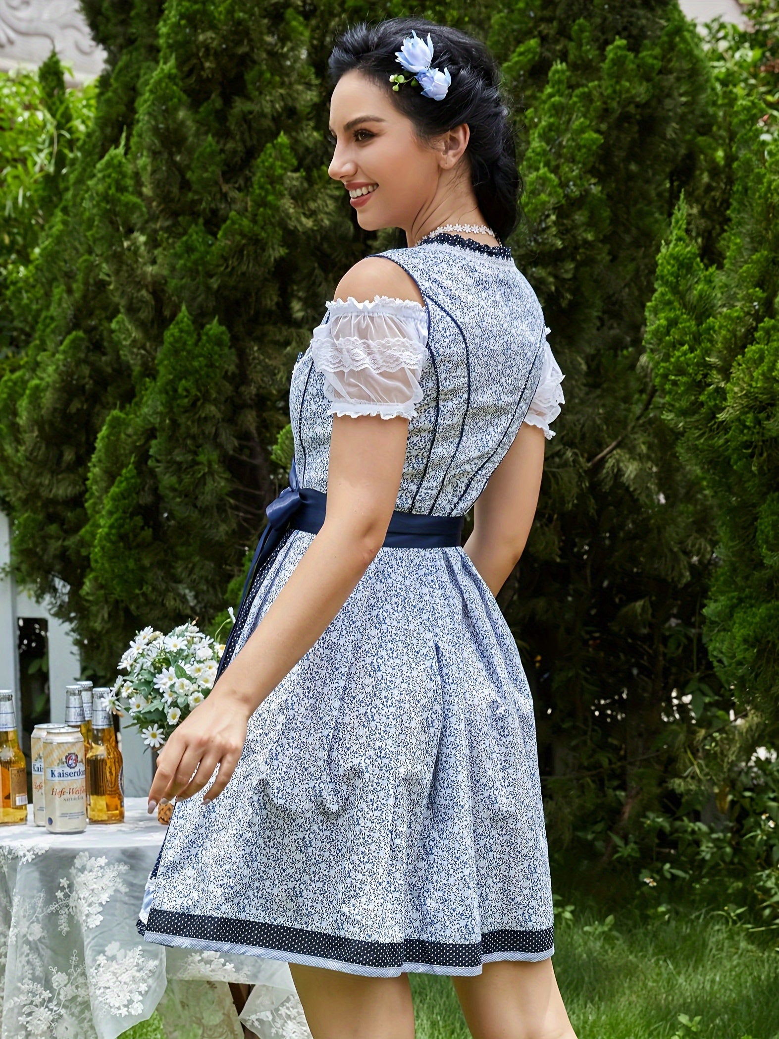 Women's Bavarian Oktoberfest Dress with Floral Embroidery and Satin Corset