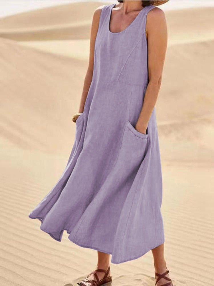 Women’s Maxi Dress | Lightweight Breathable Linen-Style | Side Pockets & Relaxed Fit | Comfortable Summer Wear