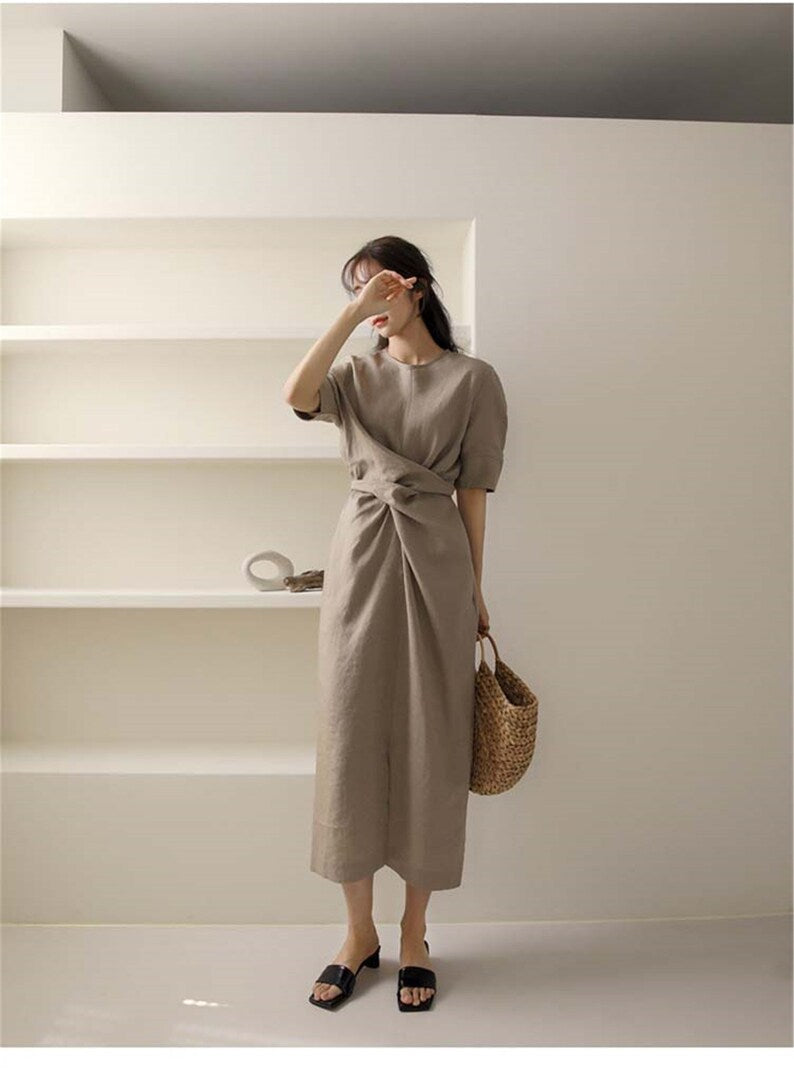 Women's Linen Midi Dress | Front Knot Wrap Design | Soft Cotton Fabric | Comfortable Fit