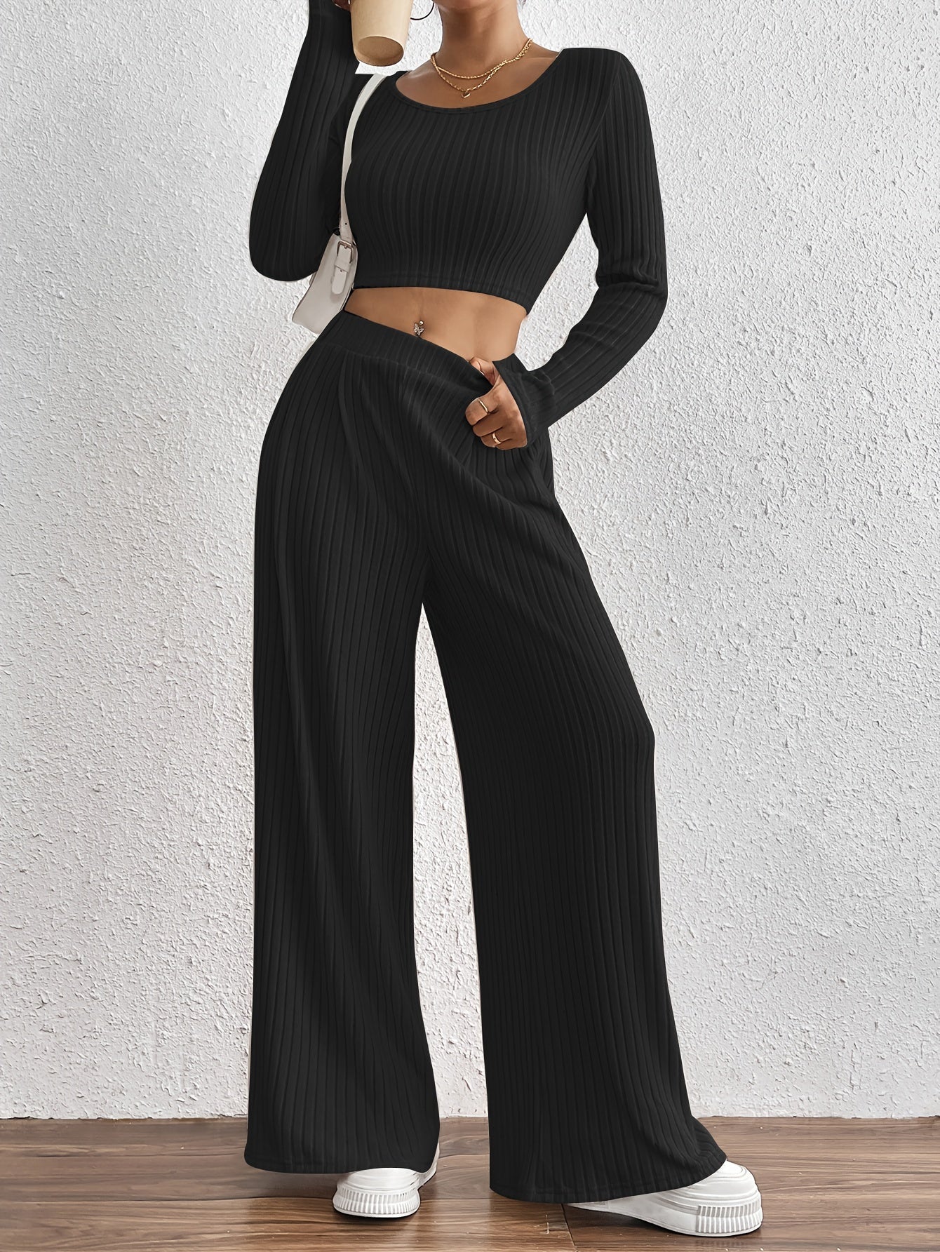 Ribbed Crew Neck Top | Long Sleeve | Stylish Fall Winter Wear | Polyester