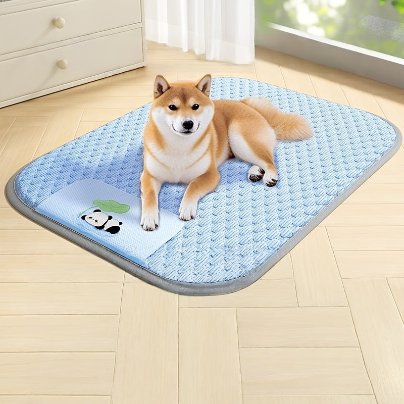 Dog Cooling Mat with Ice Bead Texture Fabric, Featuring Gray Piping Edges and an Adorable Panda Hugging a for Lotus Leaf Pattern Printed Underneath. Specially Designed for Pets During Summer. This Cooling Pad Serves as a Summer Cooling Sleeping Mat