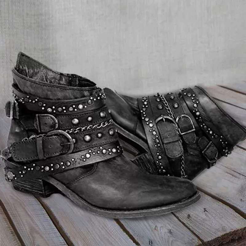 Women’s Ankle Boots | Studded Buckle Straps | Lightweight with Arch Support | Non-Slip Sole