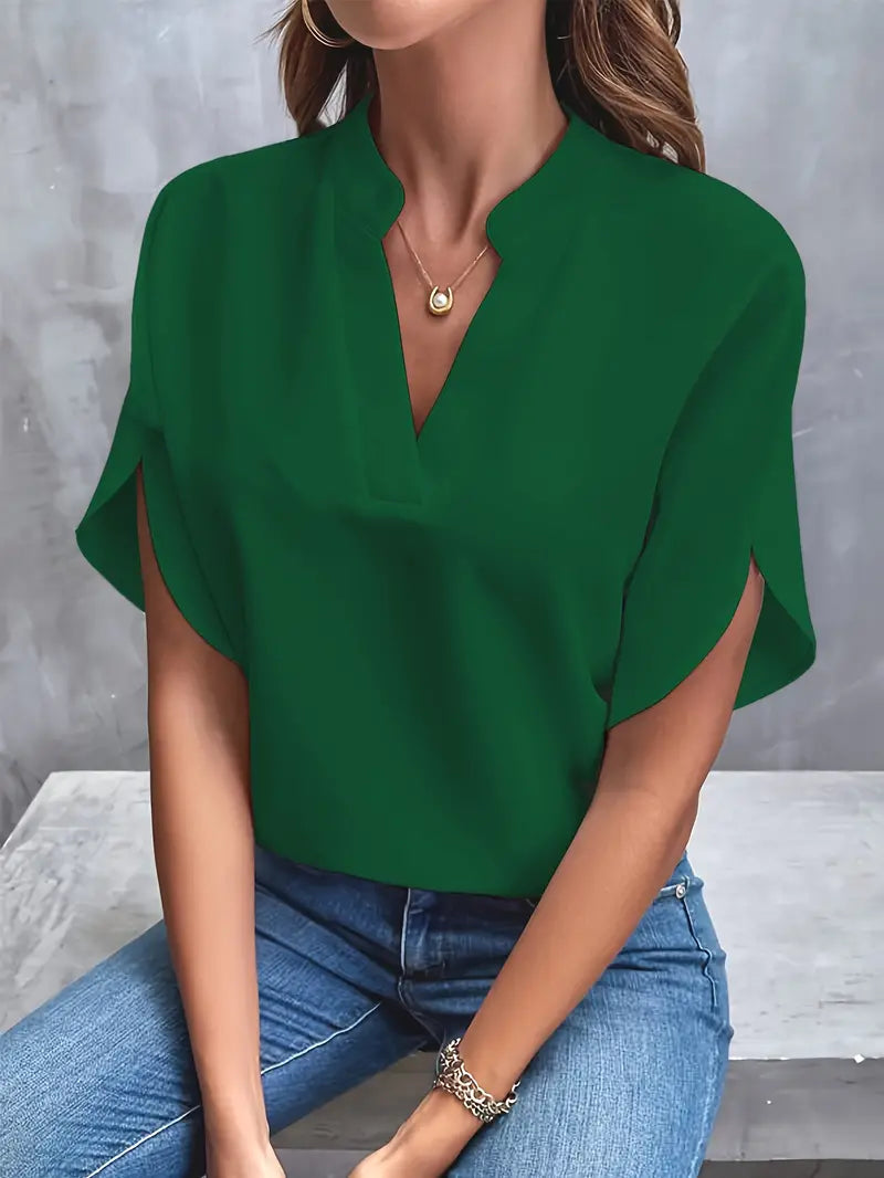 Women's Blouse | Lightweight V-Neck with Split-Sleeve Detailing | Soft Drapable Fabric | Comfortable Fit