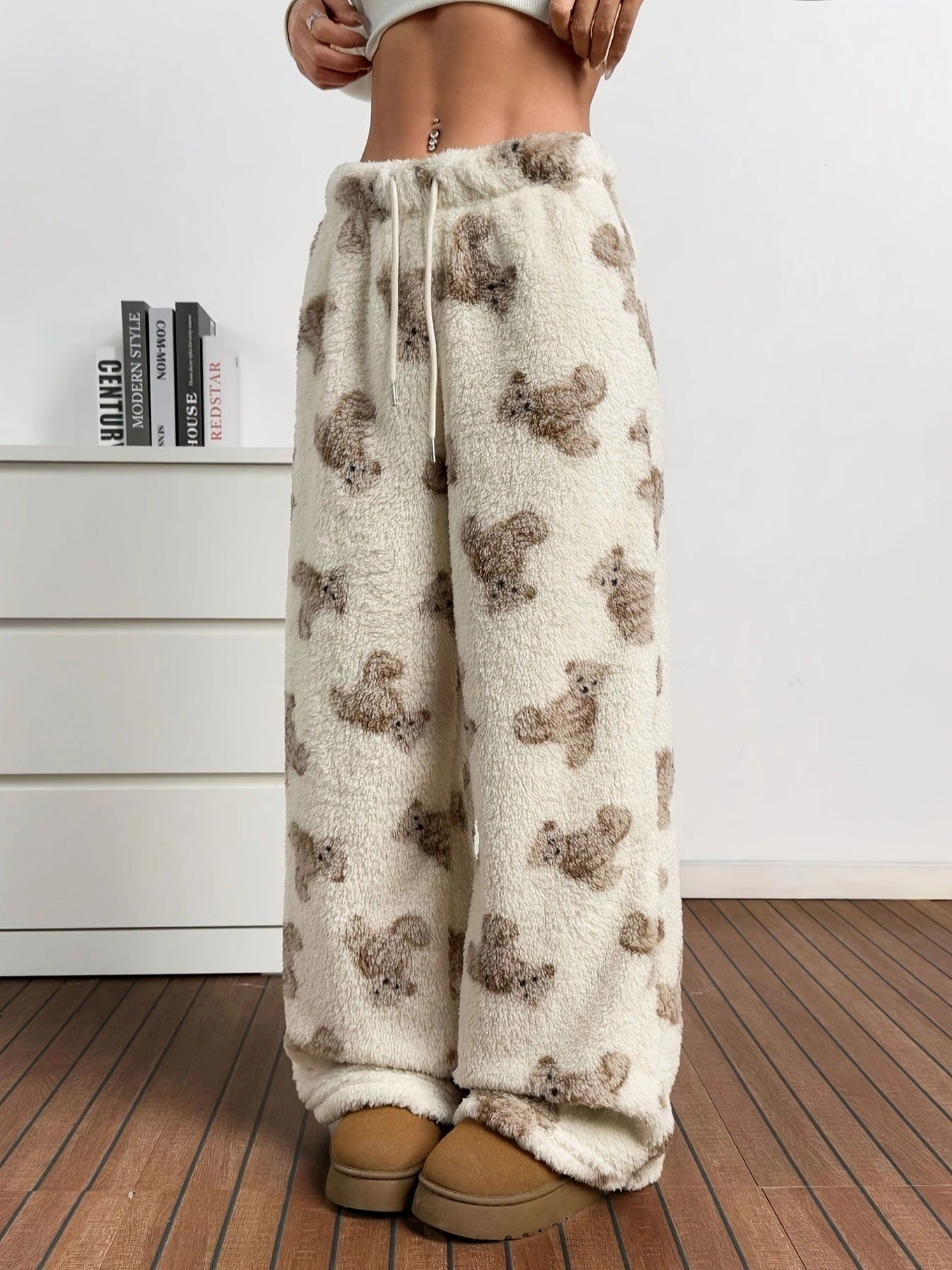 Fleece-Lined Wide-Leg Pants | Animal Print | Warm and Comfortable | Polyester