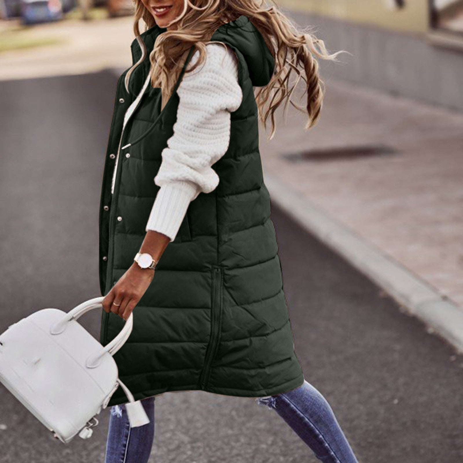 Women’s Sleeveless Vest | Long Quilted Hooded Design | Insulated with Pockets | Comfortable Warmth