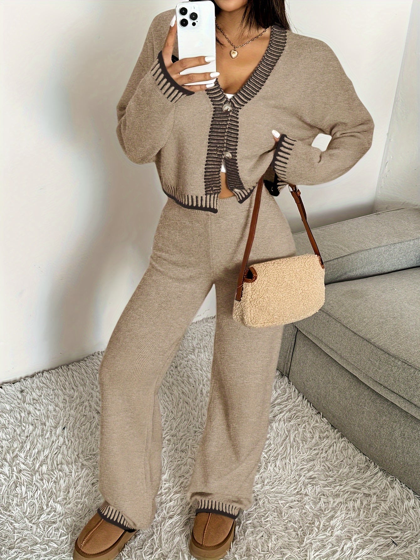 Women’s Knit Set | V-Neck Cardigan | Soft Breathable Comfort | Acrylic