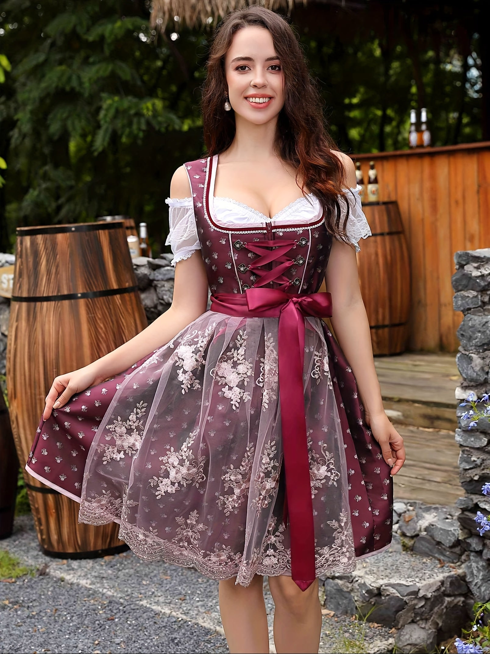 Women's Traditional Oktoberfest Dirndl Dress Set with Embroidered Apron