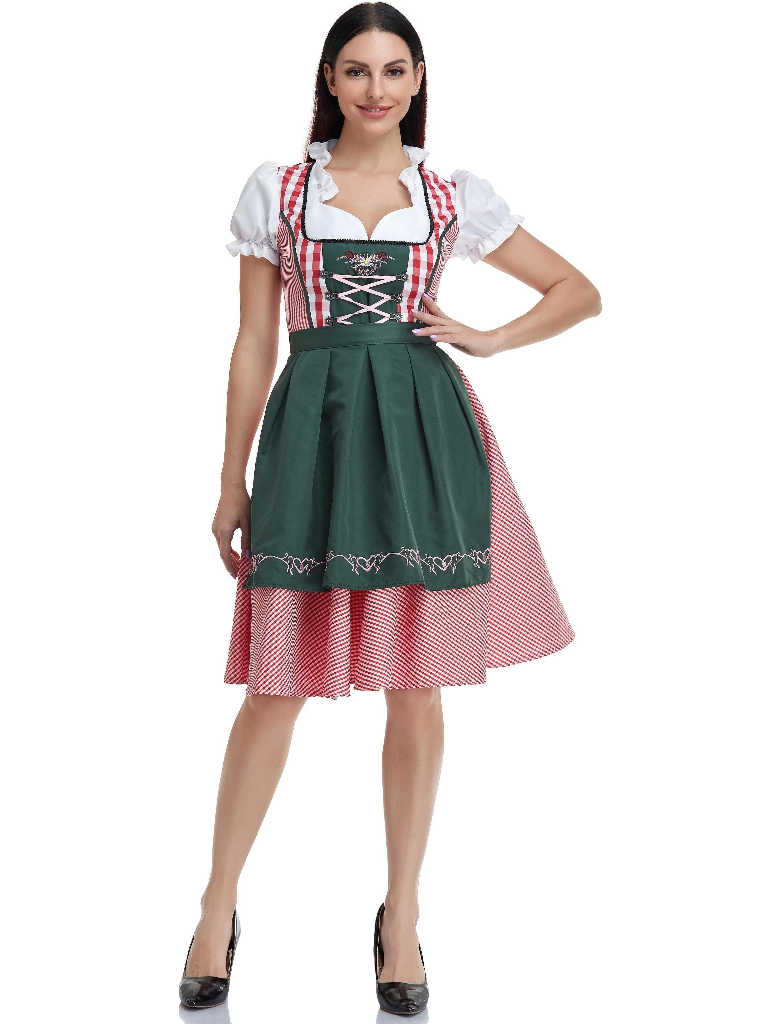 Women's Oktoberfest Plaid Gingham Dress with Lace-Up Back and Apron