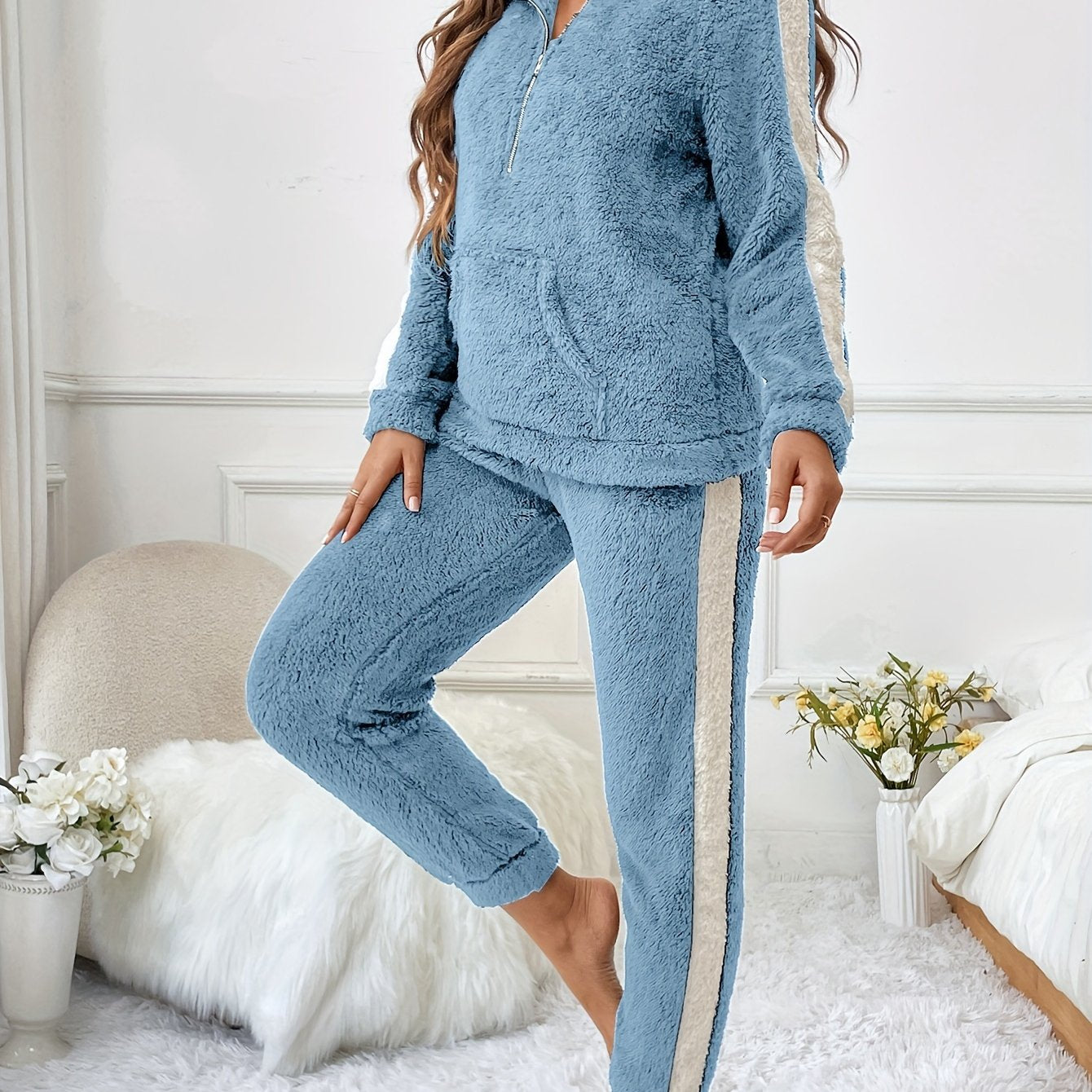 Plush Fleece Pajama Set | Half-Zip Collar | Cozy Winter Comfort | Polyester