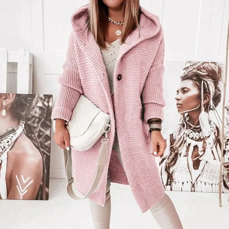 Women’s Hooded Long Knit Cardigan | Oversized Cozy Knit | Buttoned Front | Comfortable Fit