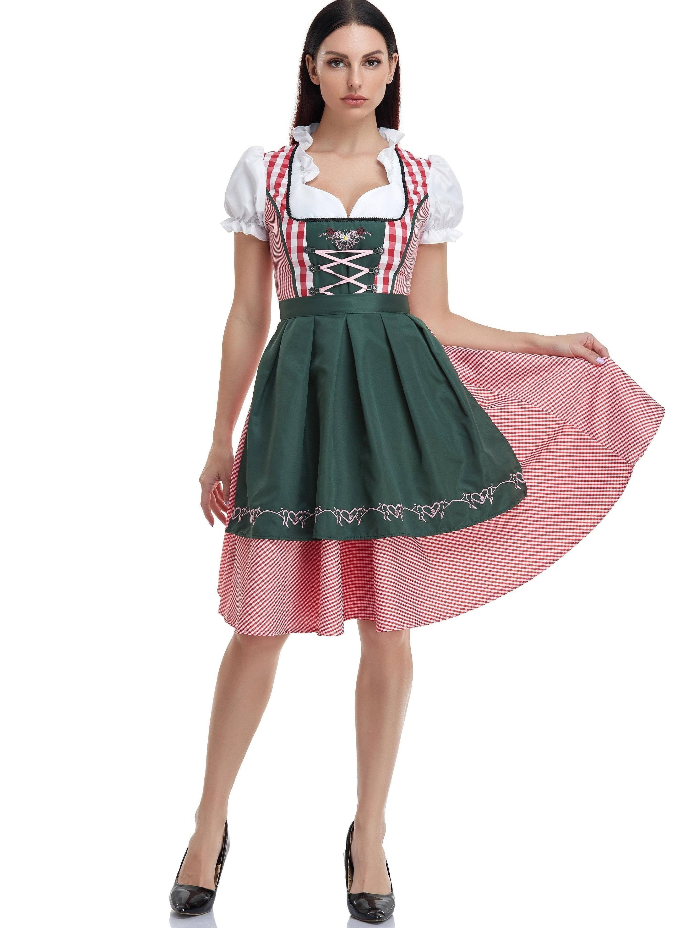 Women's Oktoberfest Plaid Gingham Dress with Lace-Up Back and Apron