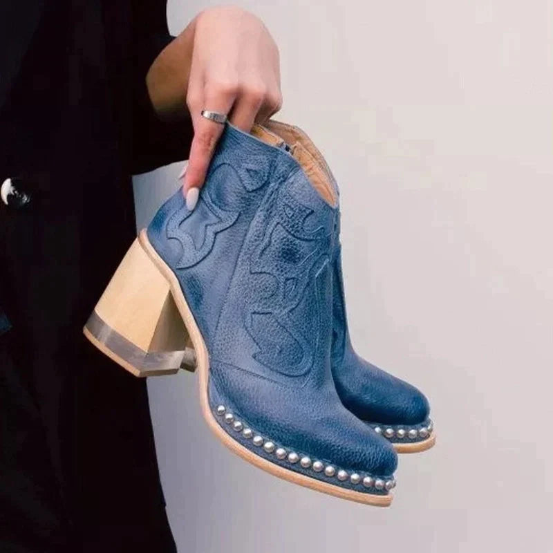 Women’s Leather Ankle Boots | High Chunky Block Heel | Studded Perimeter Trim | Durable & Stylish Design
