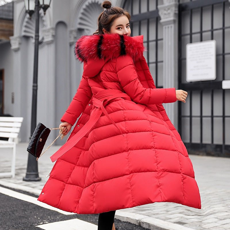 Women's Long Puffer Coat | Fur-Trimmed Hood & Belted Waist | Quilted Insulation | Comfortable Winter Wear