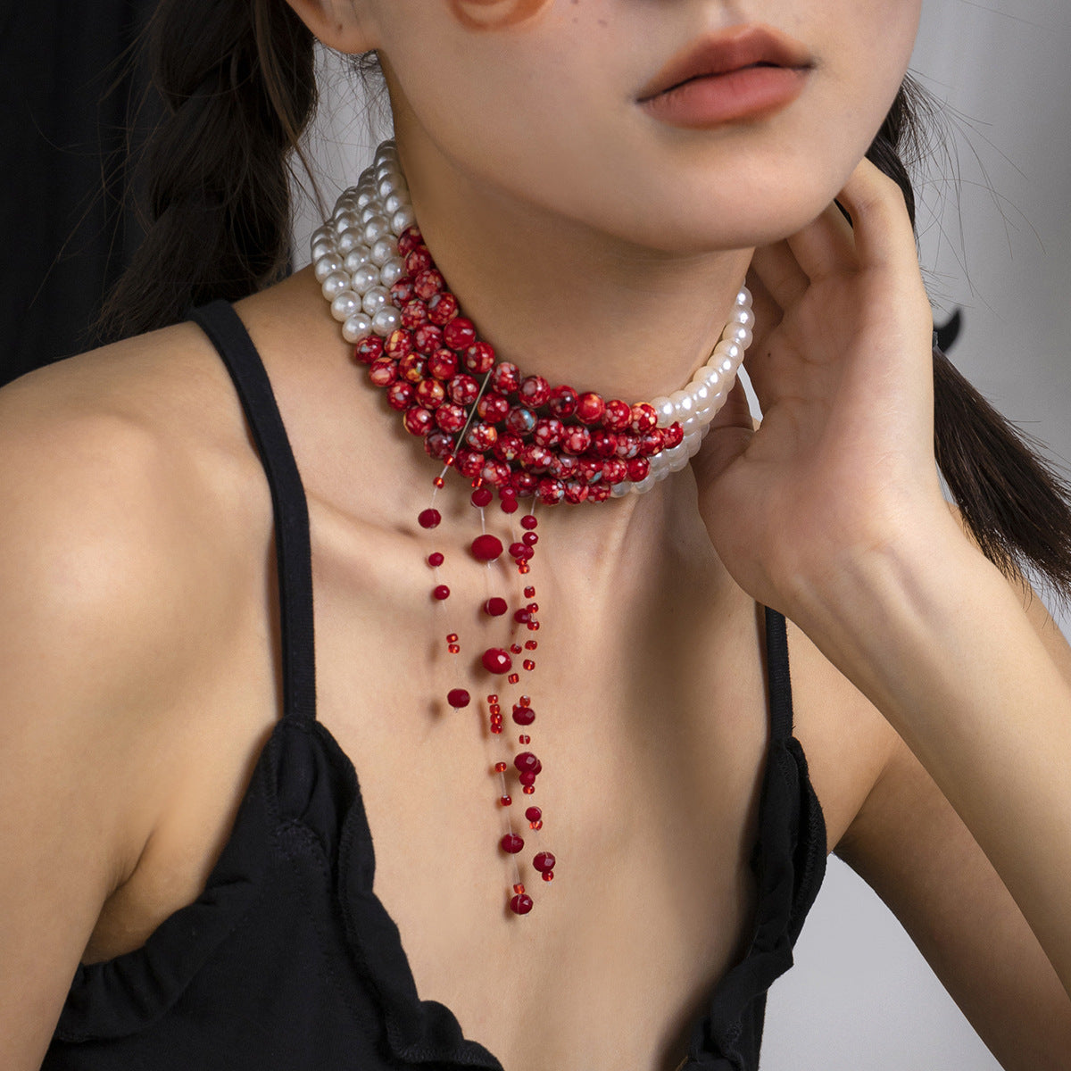 Halloween Dark Pearl Necklace with Blood Drop Design