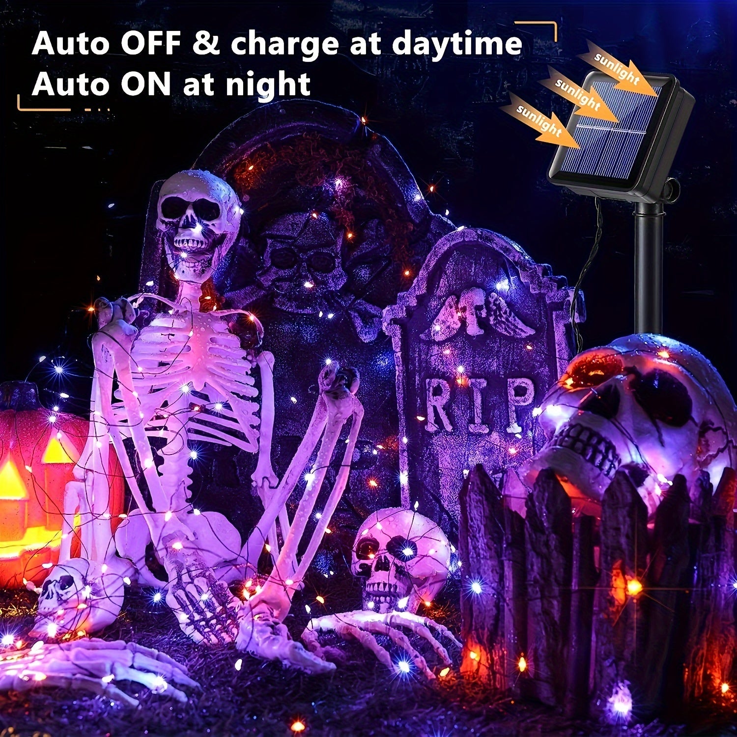 Solar-Powered Halloween String Lights Orange and Purple 8 Flash Modes