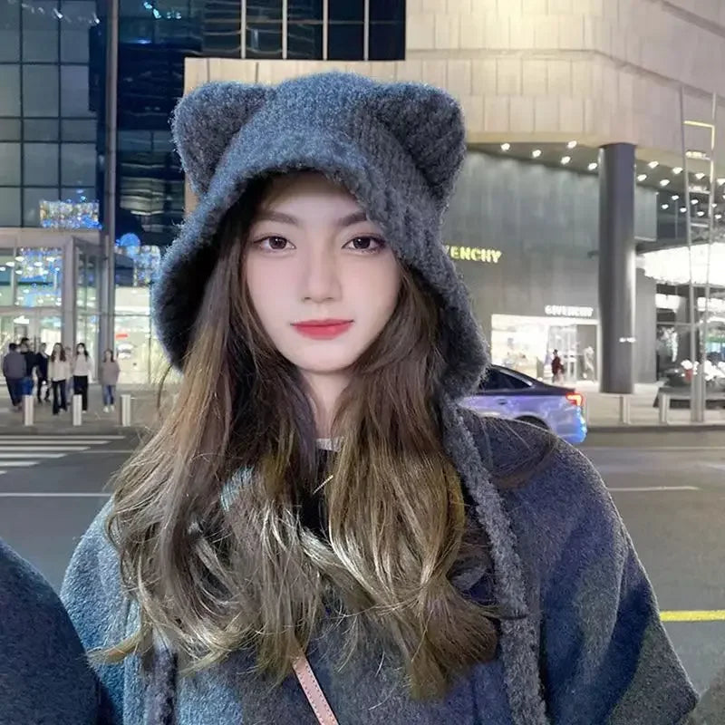 Charming Plush Bear Ear Winter Cap for Women