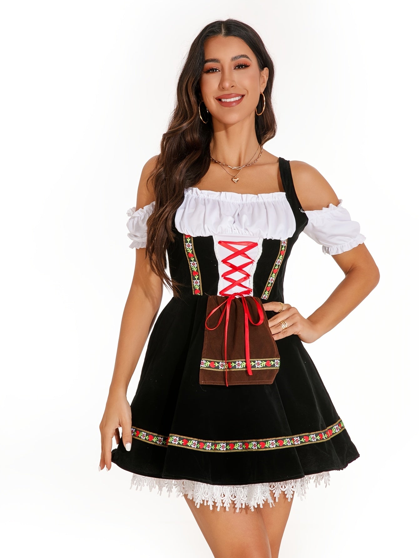 Women's Black Velvet Oktoberfest Dirndl Dress with Lace Trim