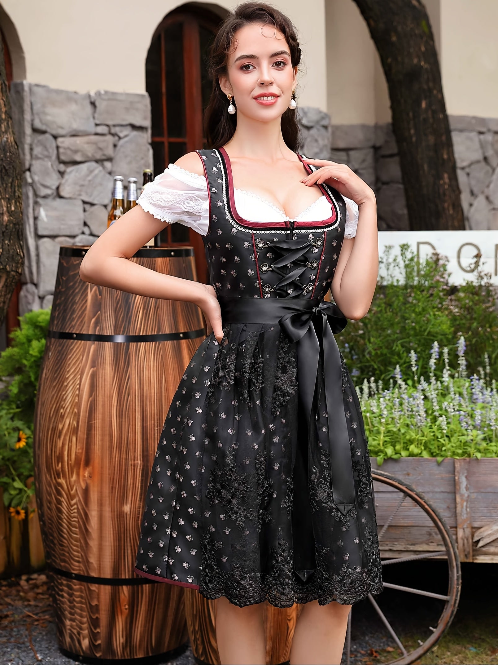 Women's Traditional Oktoberfest Dirndl Dress Set with Embroidered Apron