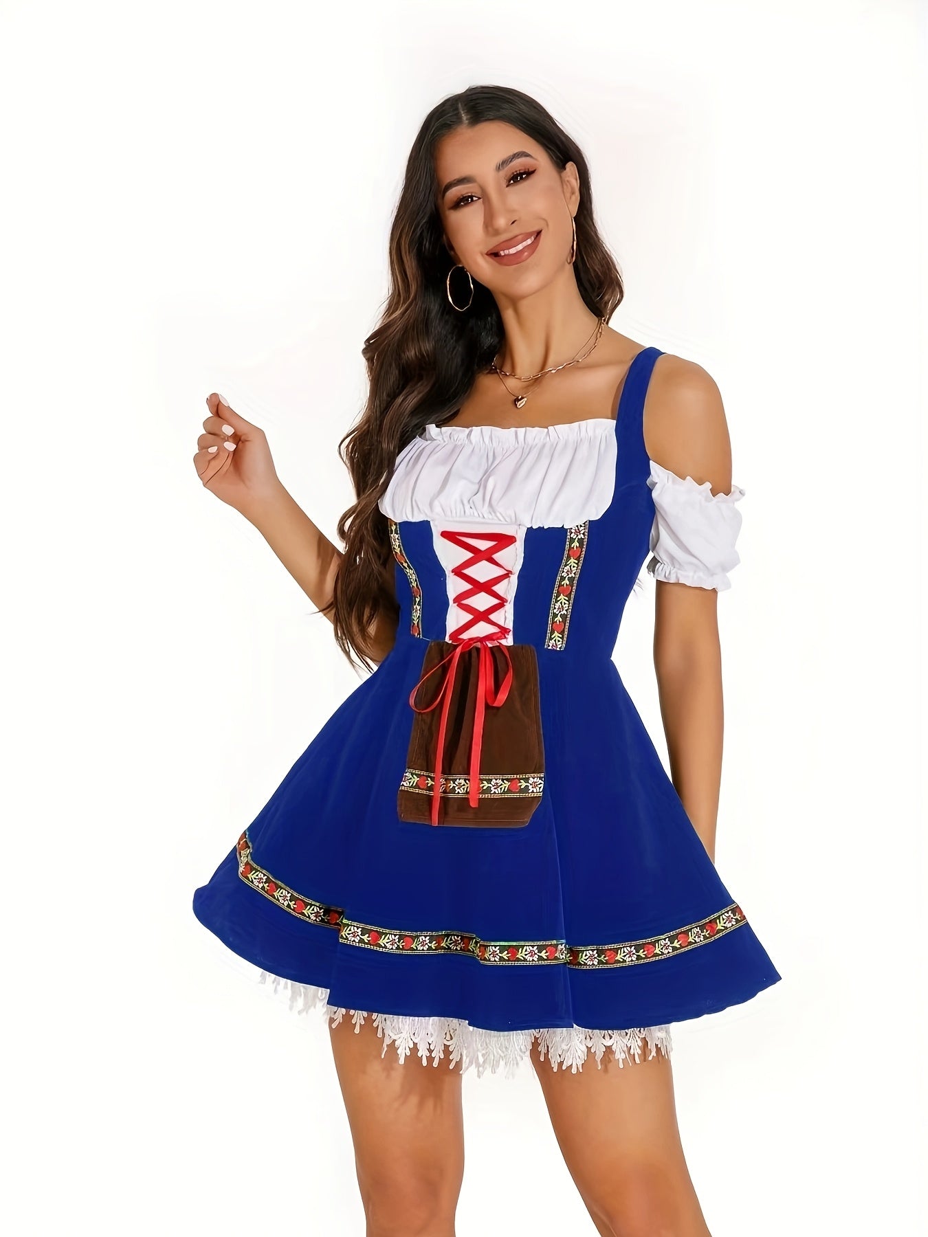 Women's Bavarian Oktoberfest Dress with Off-Shoulder Lace Trim and Floral Details
