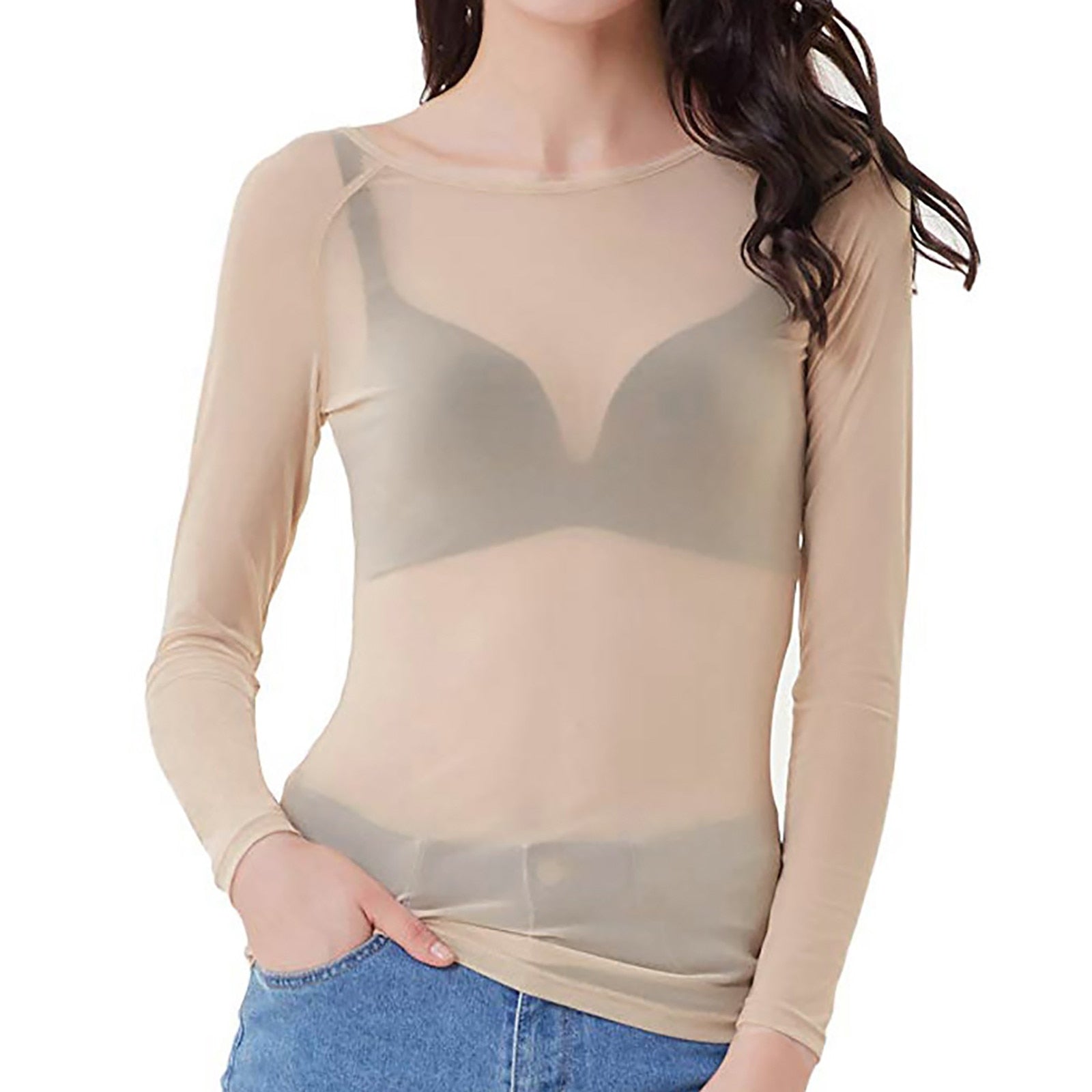 Women’s Long-Sleeve Mesh Top | Sheer & Fitted Design | Polyester Fabric | Versatile Layering