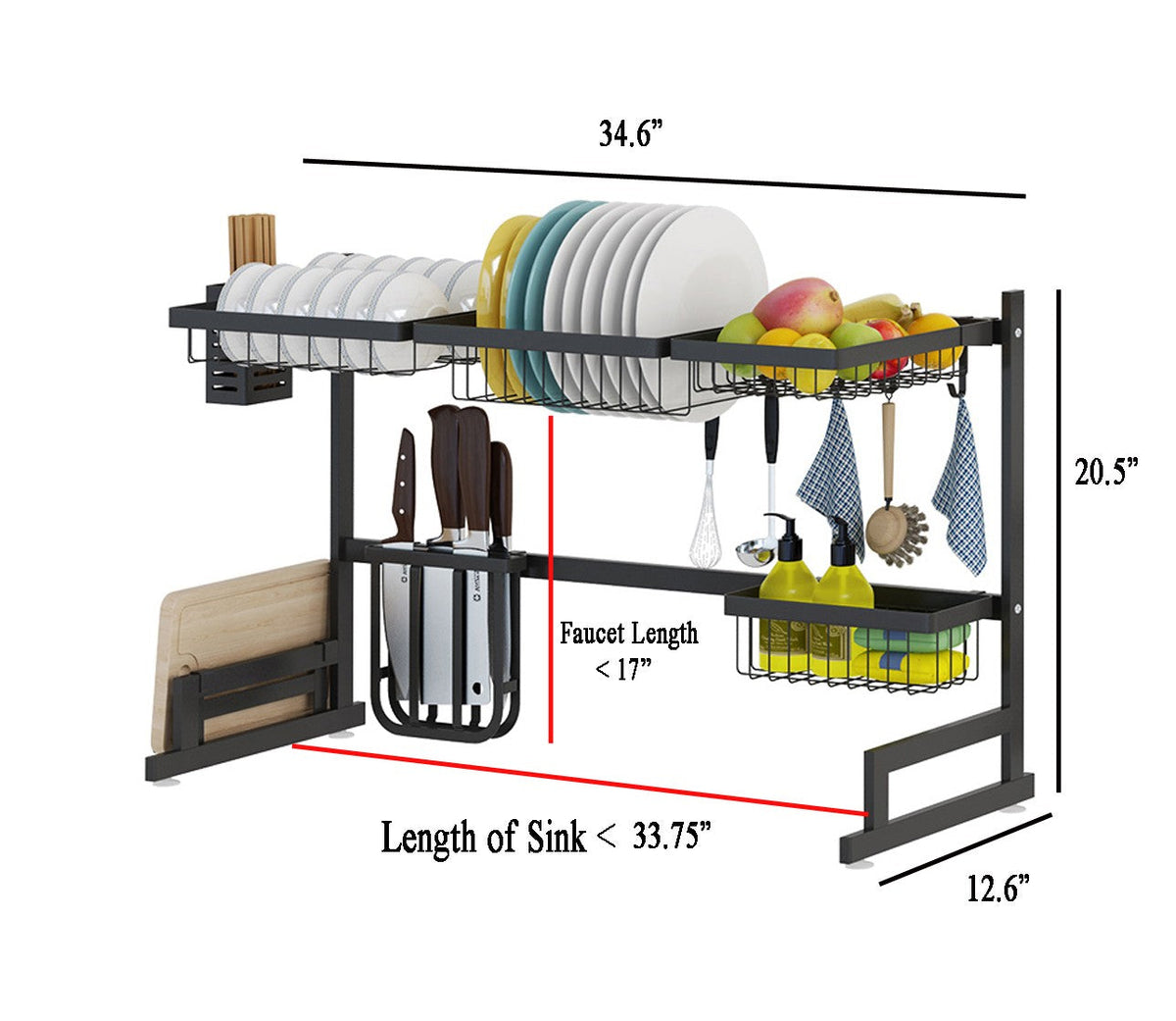 Black Stainless Steel Dish Drying Rack for Kitchen Sink - 34.6 Inch