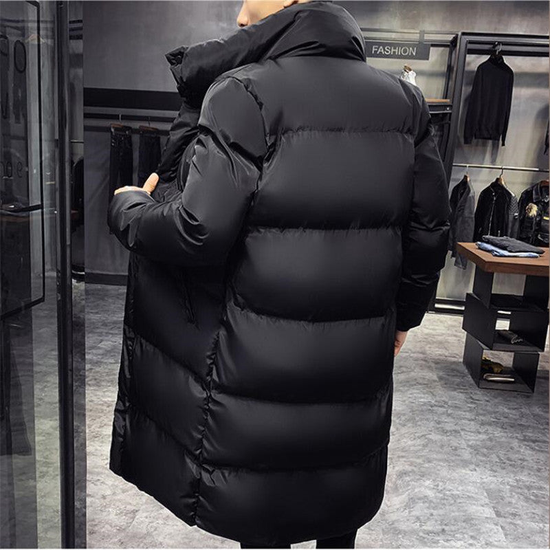 Sleek Black Long Winter Coat for Men with Faux Fur Collar