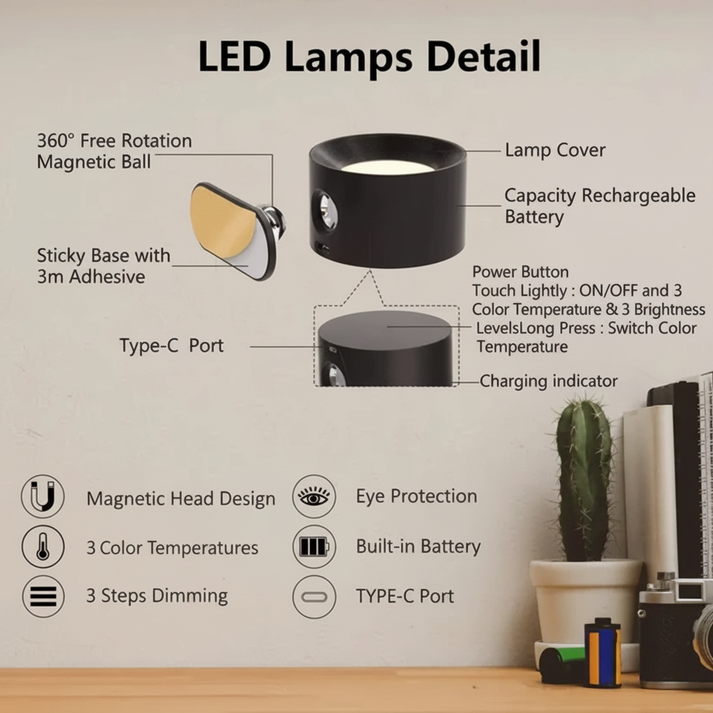 Portable LED Wall Lamp with Magnetic Mount and Adjustable Settings