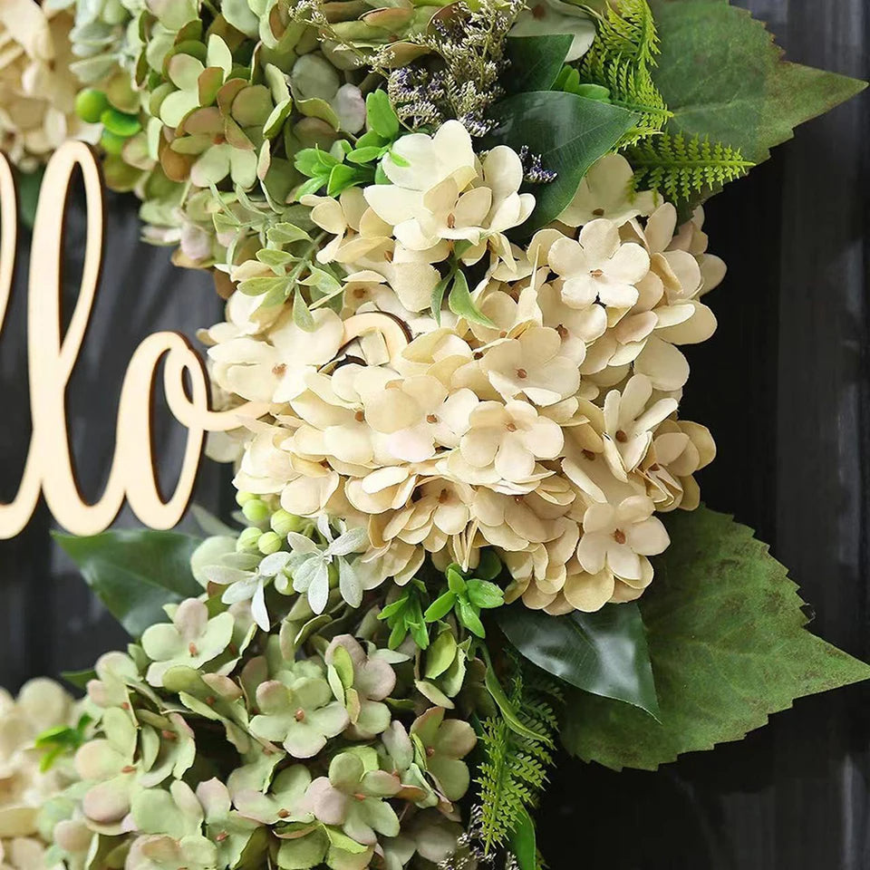 Hello Sign Green Hydrangea Wreath Decoration