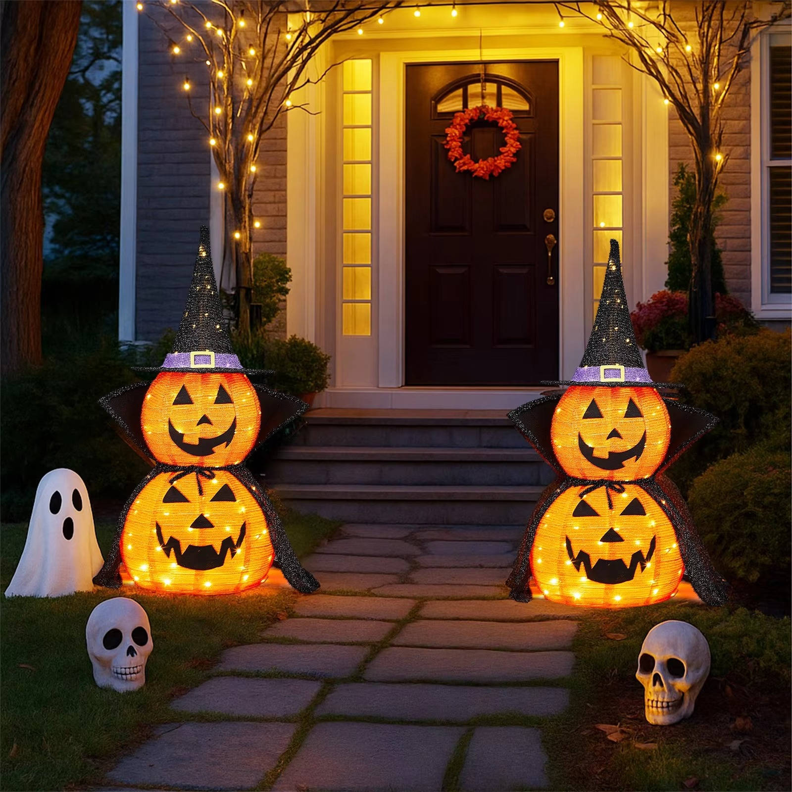 Set of 2 3ft Illuminated Halloween Pumpkin Decorations for Indoors & Outdoors