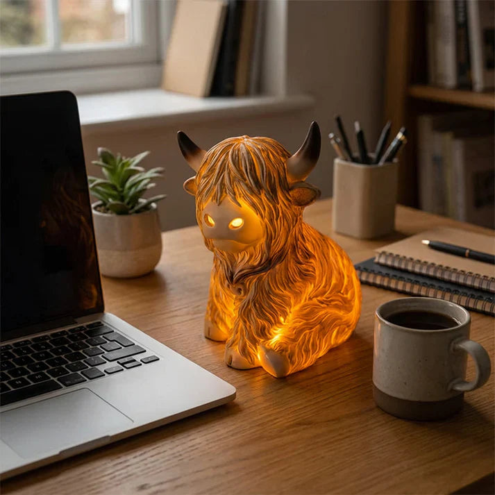 Resin Night Lamp featuring Highland Cow Design – Warm Amber Glow