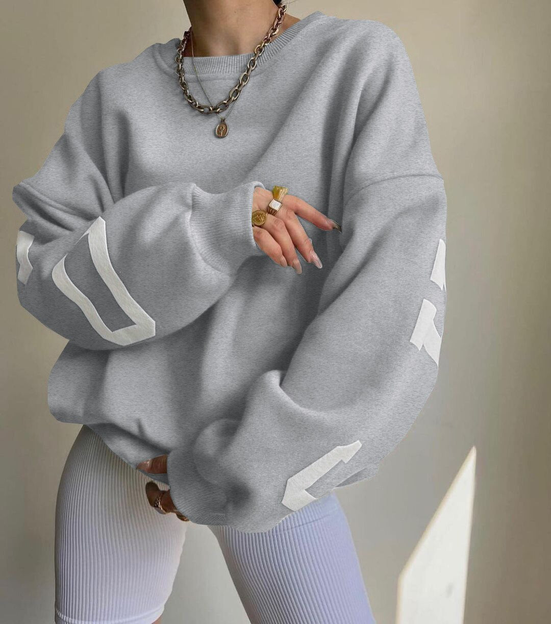 Women’s Sweatshirt | Oversized Crewneck with Graphic Sleeve Accents | Polyester Blend | Casual Winter Wear