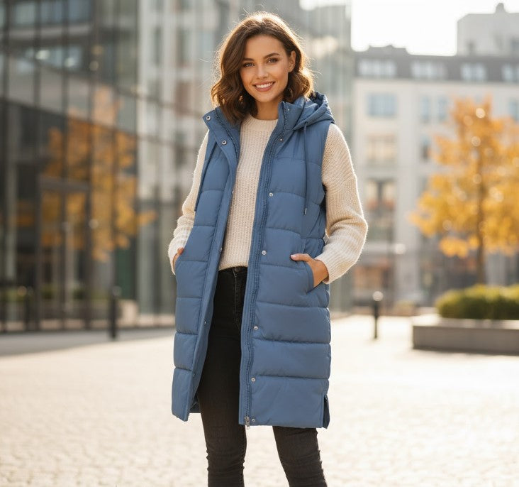 Women’s Quilted Vest | Knee-Length Design | Acetate Fiber | Comfortable Layering