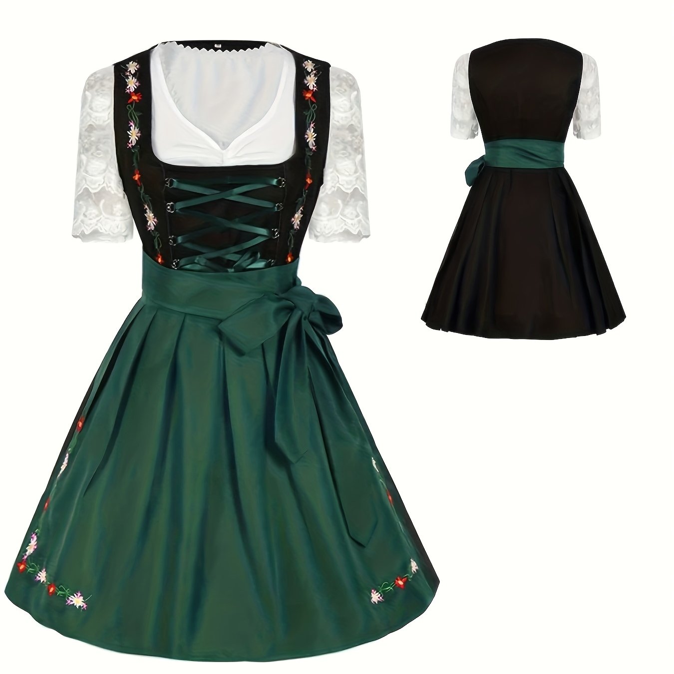 Women's Bavarian Oktoberfest Dirndl Dress with Floral Embroidery and Lace Sleeves