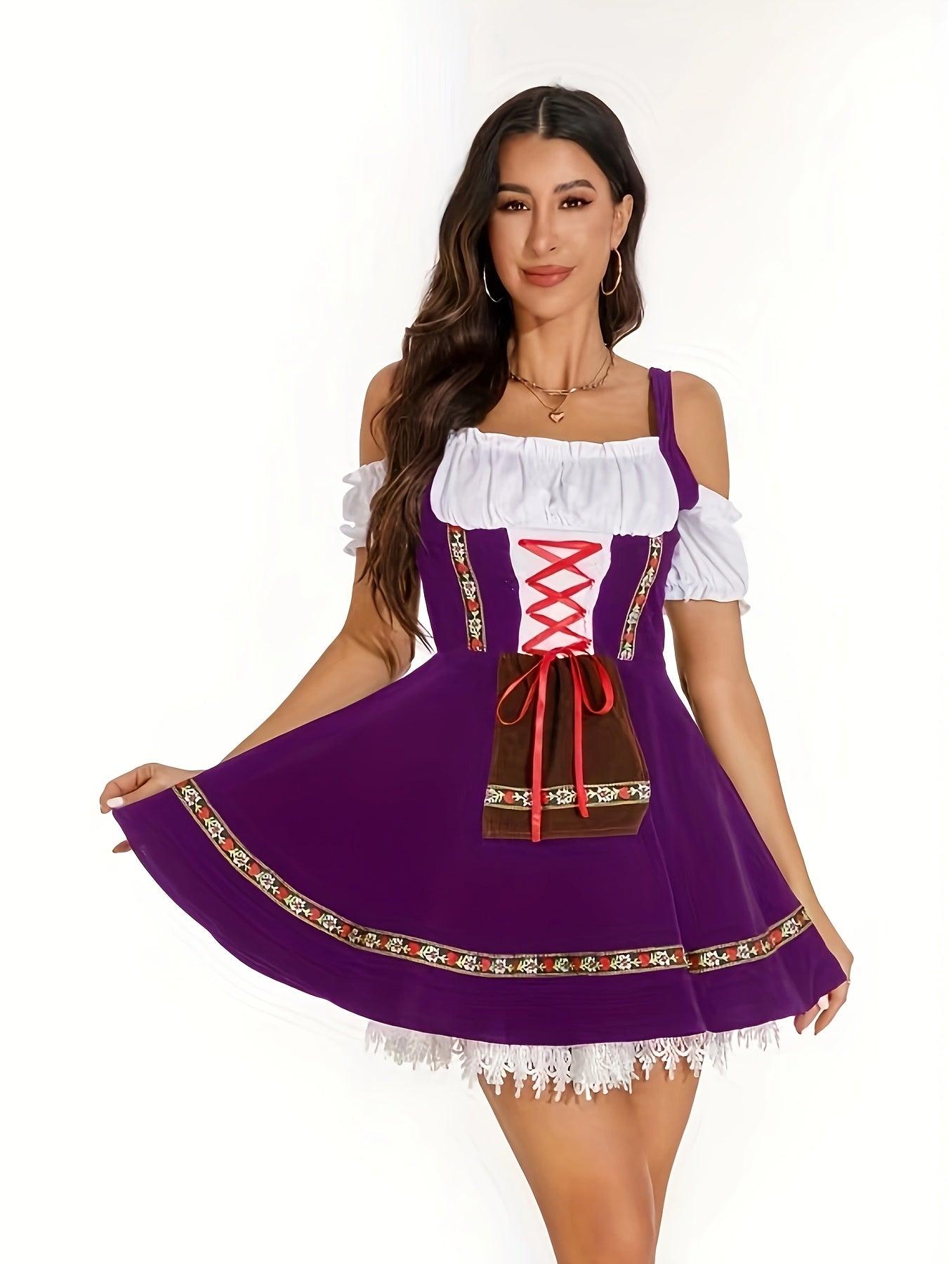 Women's Oktoberfest Dirndl Dress with Floral Trim and Red Ribbon Corset