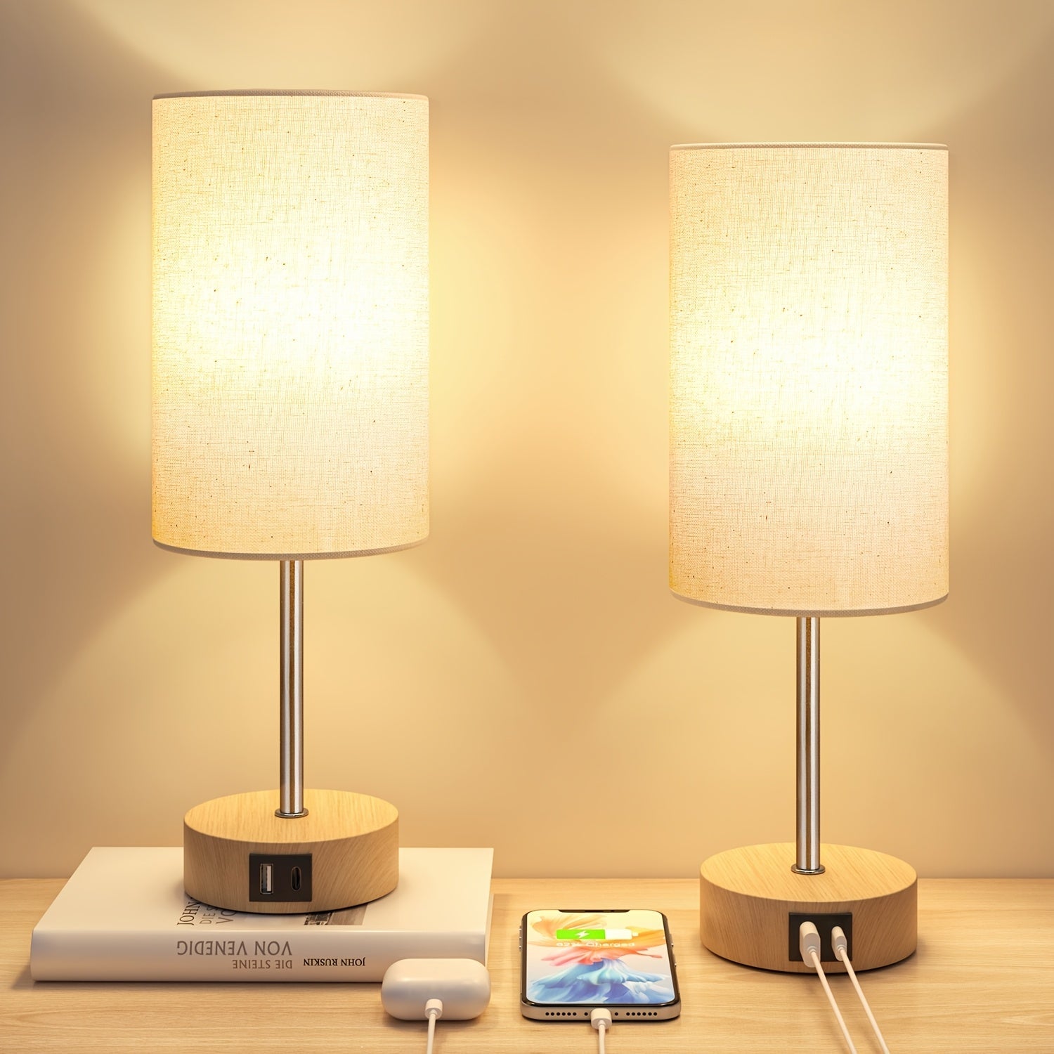 Set of 2 Touch-Controlled USB-Enabled Dimmable Table Lamps