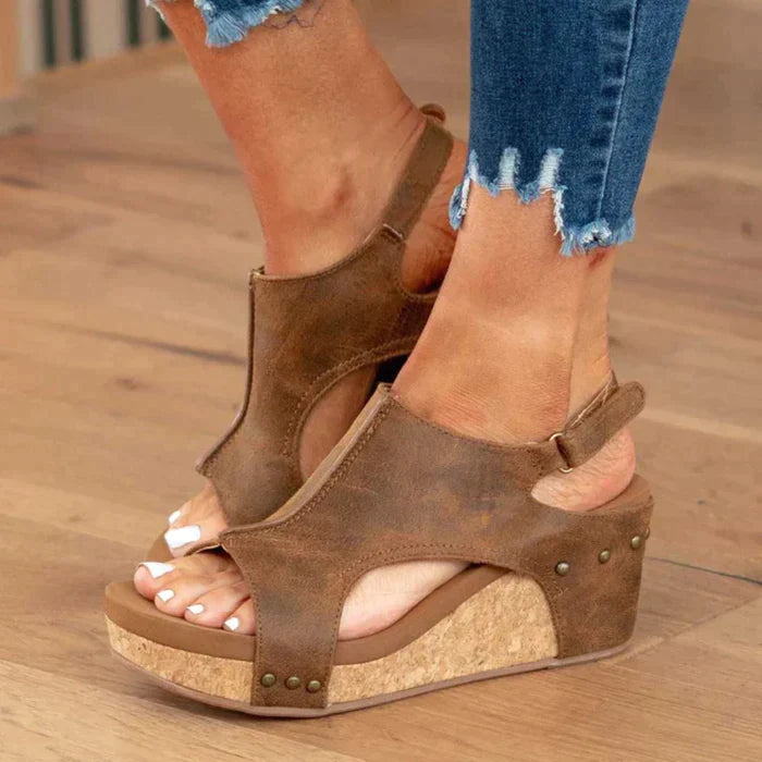 Women’s Wedge Sandals | Faux Leather & Cork Platform | Gel Cushioned Footbed | Comfortable Fit