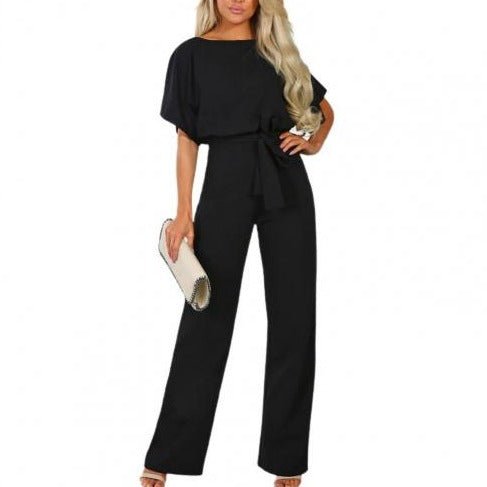 Women's Wide-Leg Jumpsuit | Short Flutter Sleeves & Waist Tie | Polyester | Summer Wear