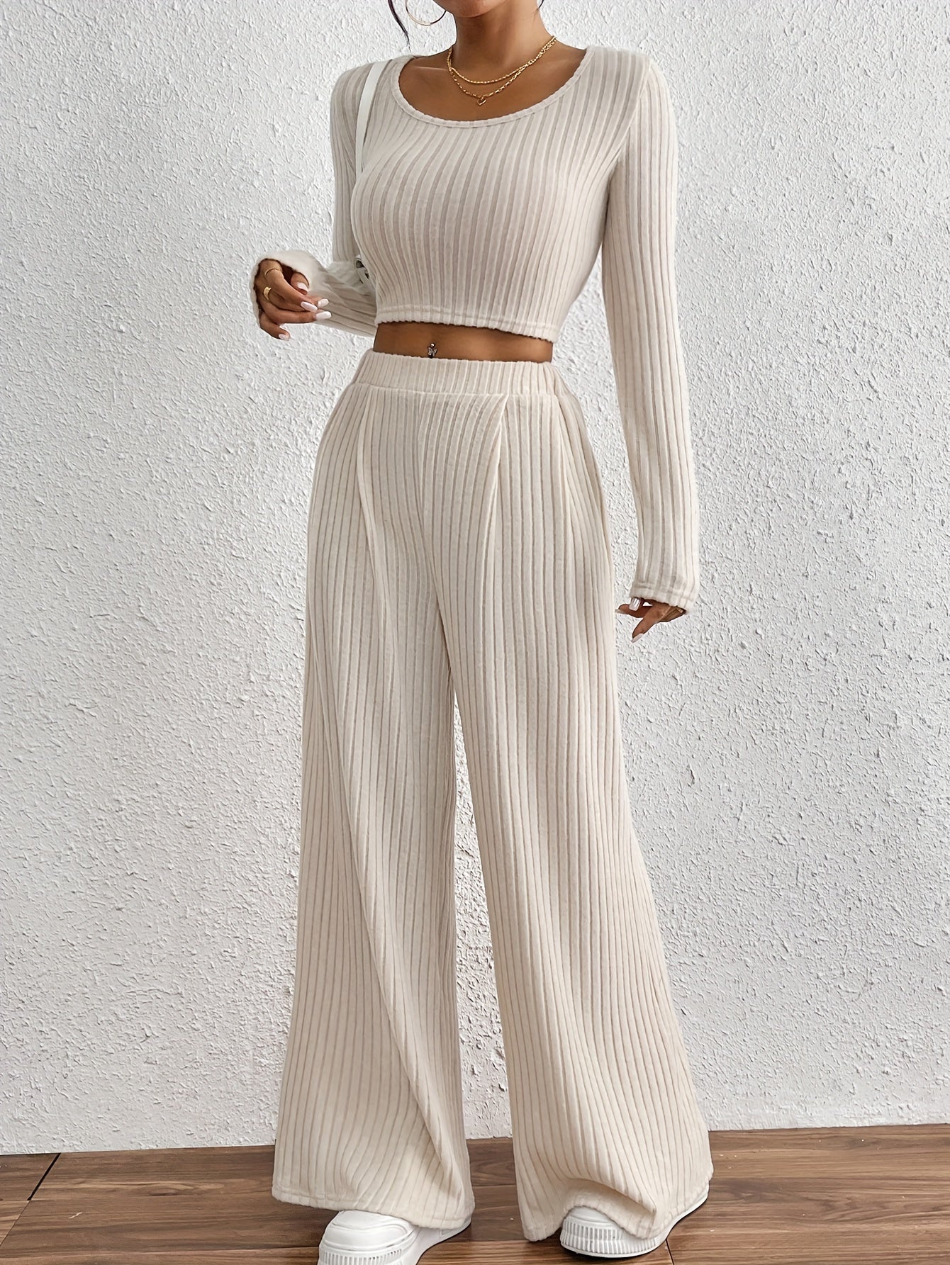 Ribbed Crew Neck Top | Long Sleeve | Stylish Fall Winter Wear | Polyester