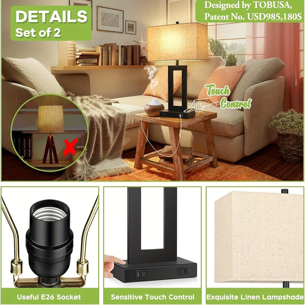 Smart Touch Table Lamps Duo with USB Ports – Adjustable Brightness