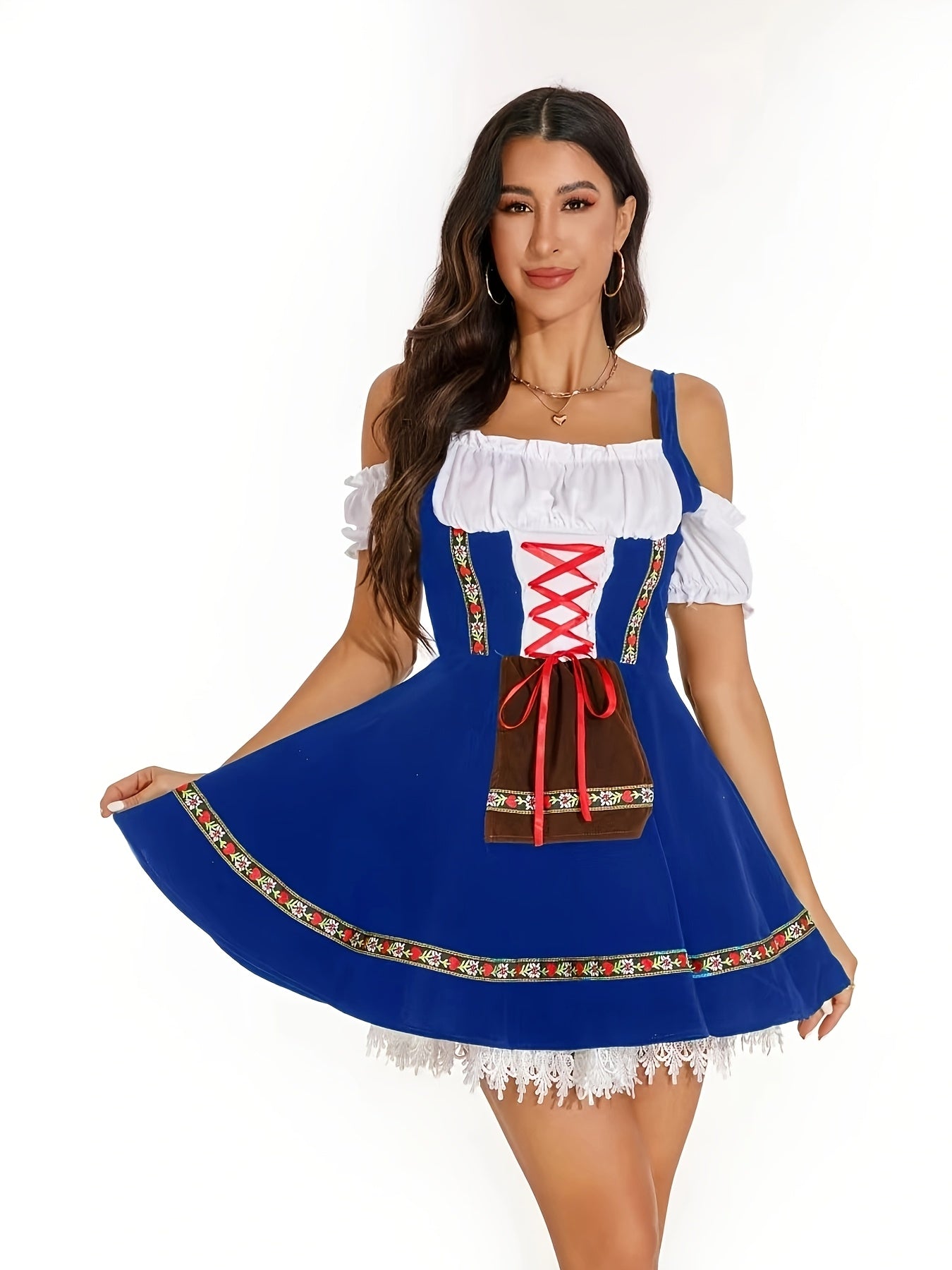 Women's Bavarian Oktoberfest Dress with Off-Shoulder Lace Trim and Floral Details