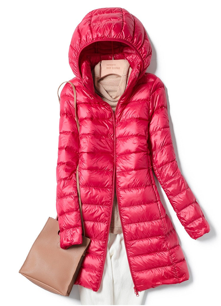 Women's Quilted Hooded Longline Puffer Coat | Feather-Light Insulation | Weatherproof Design | Comfortable Fit