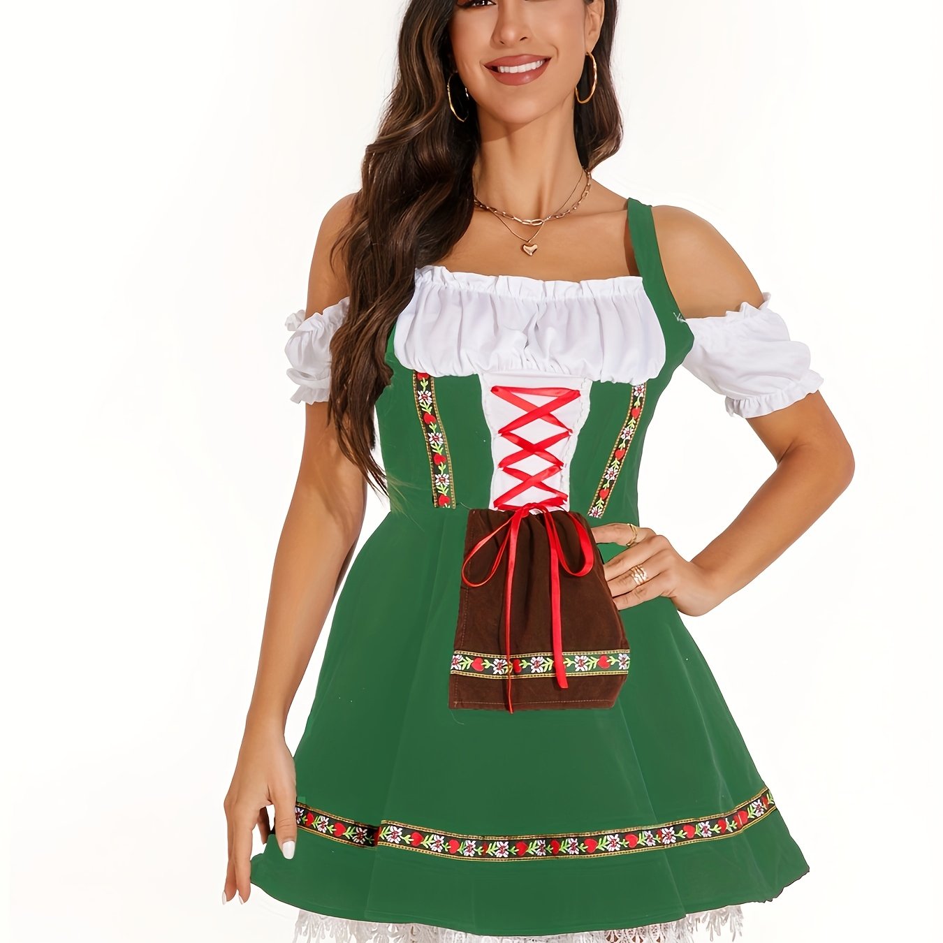 Women's Bavarian Dirndl Dress with Lace Trim for Oktoberfest Celebrations