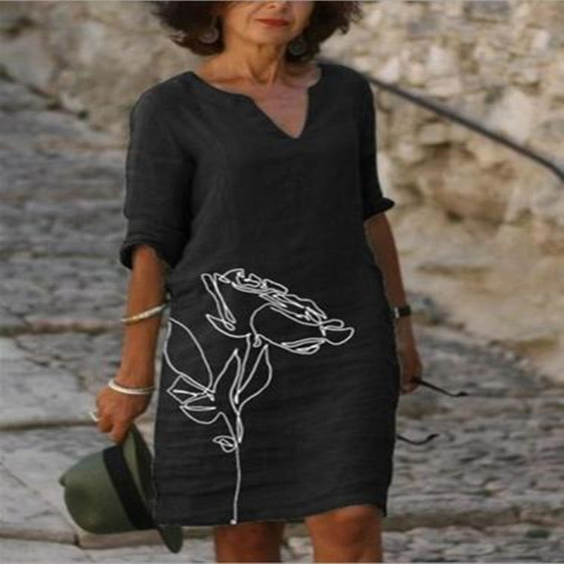 Women's Knee-Length Dress | Timeless V-Neck & 3/4 Sleeves | Polyester Fiber | All-Day Comfort